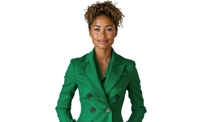 Portrait of a smiling African American businesswoman in a green suit, isolated on transparent background