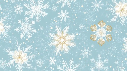 Elegant Winter Snowflakes Pattern on Light Blue Background with Golden Accents