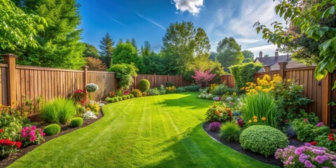 Fototapeta premium Lush green grass lawn surrounded by vibrant plants and a wooden fence in a summer backyard garden, green grass, lawn, plants