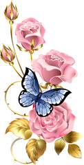 Pink gold roses with blue butterfly