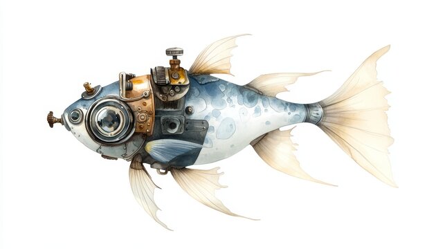Unique steampunk fish illustration in watercolor style, showcasing mechanical elements, creativity, aquatic life, and imaginative design.