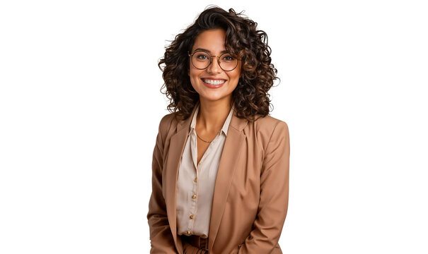 Portrait of a beautiful, smiling businesswoman in a suit, wearing glasses, isolated on transparent background