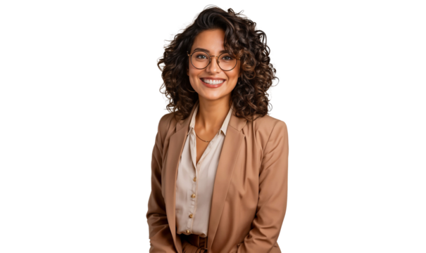 Portrait of a beautiful, smiling businesswoman in a suit, wearing glasses, isolated on transparent background