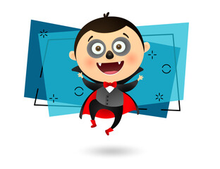 Happy boy wearing Dracula costume and dancing. Invitation or banner design. Halloween party concept. Vector illustration can be used for poster or leaflet