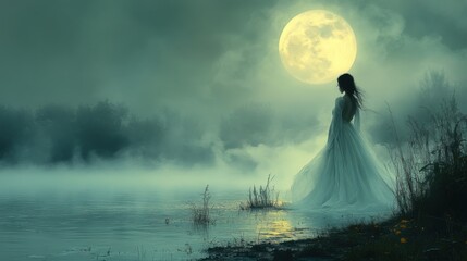 Haunting Beauty of a Ghostly Woman in White by the Misty Riverbank under Moonlight Glow - Ethereal and Eerie Atmosphere Concept