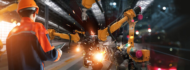 Industry 4.0, Engineer use monitoring system software and record data of ai robotics automatic arms...