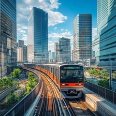 Scenic view of a metro train traveling on the elevated rails of Yurikamome Line flanked by modern office blocks near Takeshiba Station in Downtown Tokyo, Japan. Urban scenery of vibrant Tokyo City.