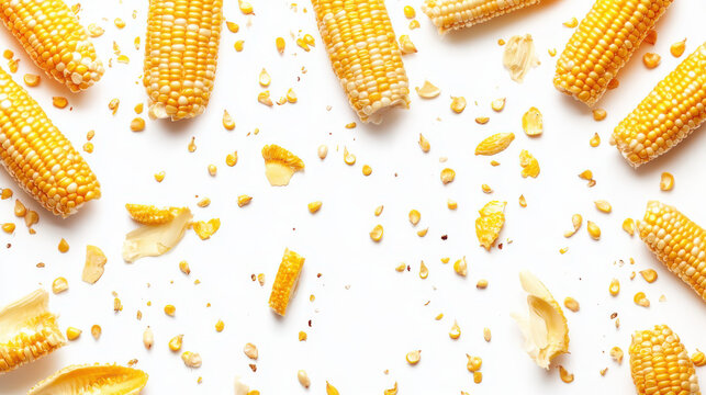 Various falling fresh ripe corn on light white background, horizontal composition