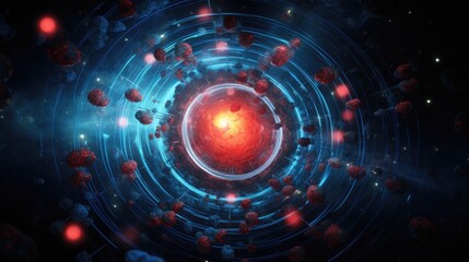 Fototapeta premium Abstract digital art with red glowing sphere in the center surrounded by glowing blue rings and red and blue orbs.