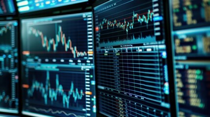 A close-up of stock market data displayed on multiple computer screens