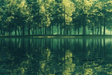 Fototapeta premium Serene Forest Reflected in Calm Lake Water with Lush Green Trees and Misty Atmosphere