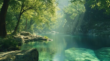 Serene Forest River with Crystal Clear Water and Sunlight Filtering Through Lush Green Trees