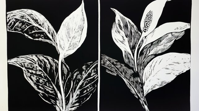 Two pictures showcasing a lino cut printing effect of a peace lily, highlighting the intricate details and textures of the plant, perfect for botanical art lovers and printing enthusiasts.