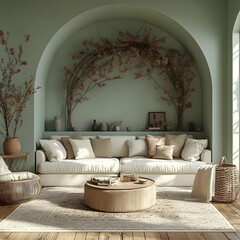 Cozy Minimalist Living Room 3D Illustration with White Sofa, Wooden Accents, and Rustic Decor