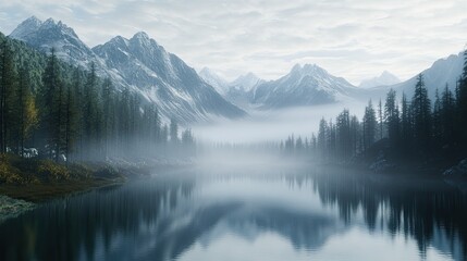 Serene Mountain Lake with Misty Forest and Snow-Capped Peaks in the Early Morning Light