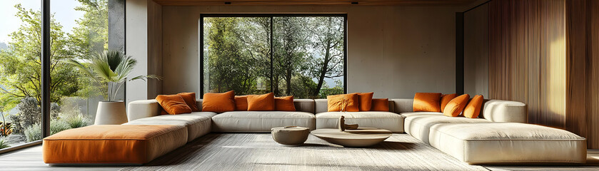 Illustration of a Modern Living Room Interior Design with Large Windows, Sofa and Orange Pillows