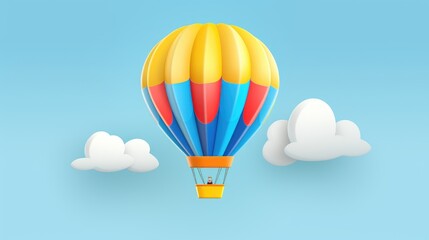 Fototapeta premium A colorful hot air balloon with a basket floating in a blue sky with white clouds.