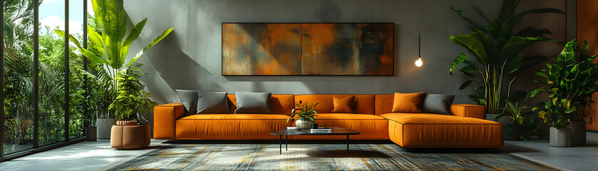 Illustration of a Modern Living Room Interior with Orange Sofa, Tropical Plants, and Large Windows