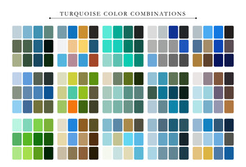 Turquoise color palette. Trend color palette guide template. Fit for fashion designers, business, and paints colors company. Match combinations. Vector graphics. Eps 10.