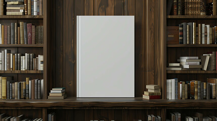 A white book cover mockup in a rustic library setting with wooden shelves and old books.