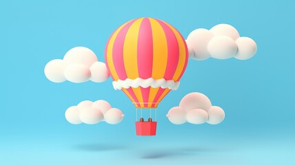 Obraz premium A pink and yellow cartoon hot air balloon floats amongst fluffy white clouds against a bright blue sky.