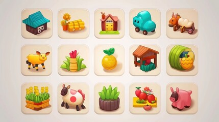 Obraz premium A collection of colorful farm icons for an educational app.
