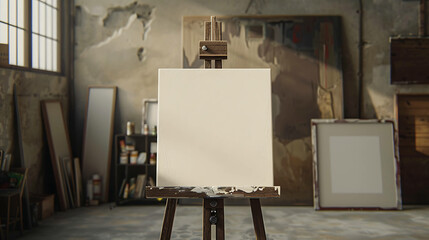 Blank canvas on an easel in an artist's studio.