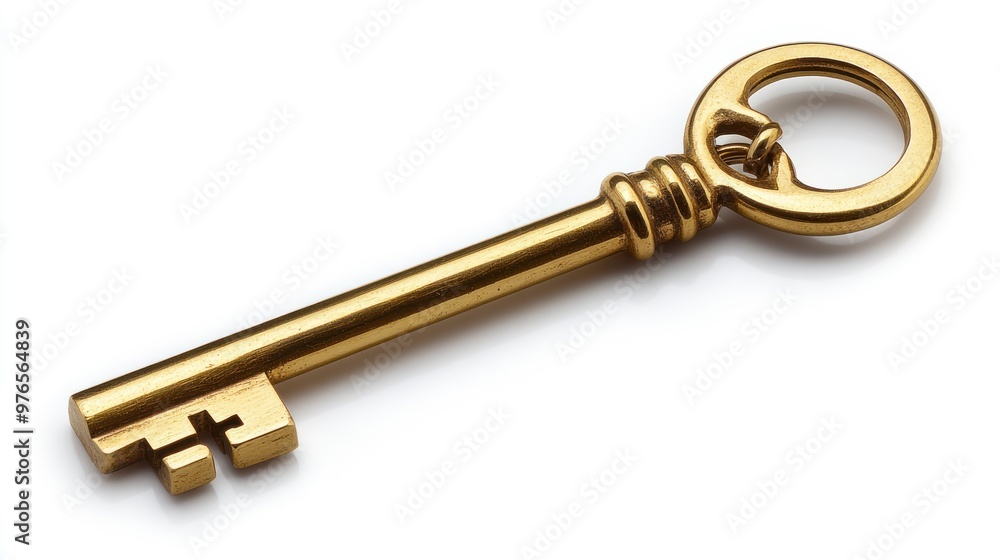 Poster a shiny golden key with a round handle and intricate design.