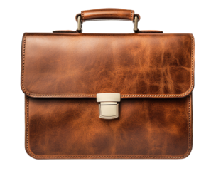 Brown leather briefcase isolated on transparent background