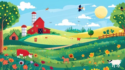 Fototapeta premium A colorful illustration of a farm with a barn, silo, and animals.
