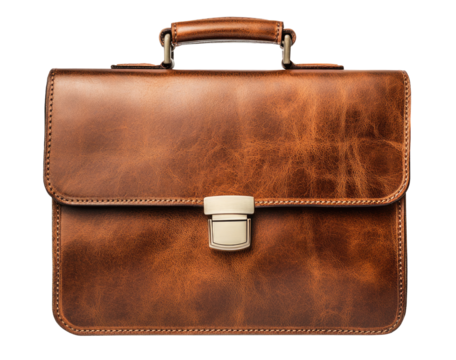 Brown leather briefcase isolated on transparent background