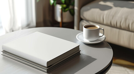 A white book mockup on a coffee table with a cup of coffee and a couch in the background.