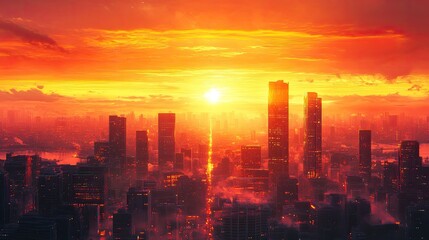 Fototapeta premium Stunning Urban Sunset Over Modern City Skyline with Skyscrapers and Vibrant Orange Sky
