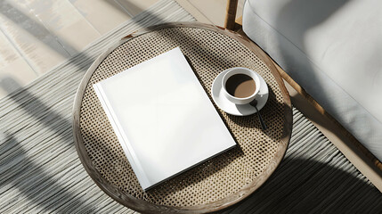 A white book mockup on a round table with a cup of coffee.