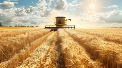 Fototapeta premium A combine harvester working in a wheat field.