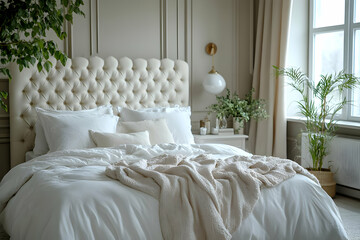 Elegant Bedroom Interior Design with White Bedding and Green Plants Photo