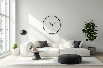 Modern Minimalist Living Room with White Sofa, Large Clock, and Indoor Plants in Bright Natural Light