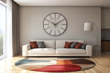 Modern Living Room with Stylish Sofa, Large Wall Clock, and Colorful Rug in a Bright and Minimalistic Interior