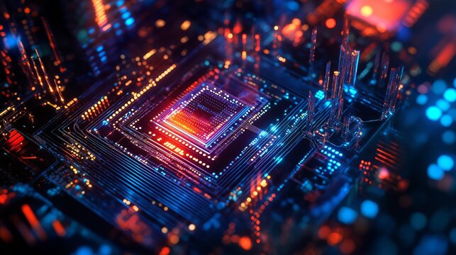 Quantum computer illuminated futuristic interface displaying data tech. AI generated