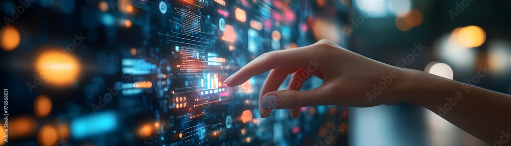 Poster interactive data visualization illustration: businesswoman analyzing financial charts and graphs on 