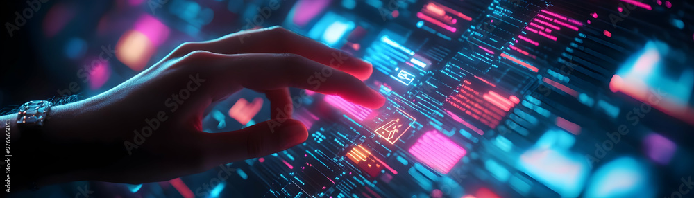 Aufkleber navigating neon data streams - futuristic interface illustration