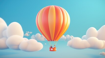 Obraz premium A red and yellow hot air balloon with a basket floats in the sky surrounded by white clouds.