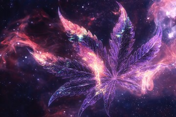 Cosmic Cannabis Leaf in Space - Vibrant Galaxy Background with Nebula and Stars