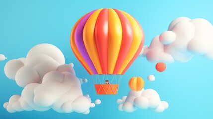 Obraz premium A colorful hot air balloon floats through a blue sky with puffy white clouds.