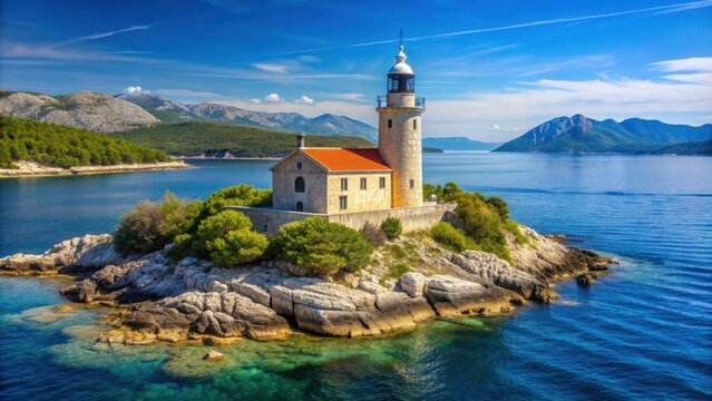 Lighthouse overlooking bay at Uvala Gradina on Korcula Island, Croatia, Lighthouse, shore, bay, Uvala Gradina, Vela Luka