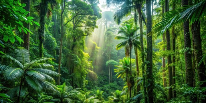 Lush tropical rainforest with tall trees , tropical, rainforest, trees, jungle, greenery, foliage, wildlife, nature, dense
