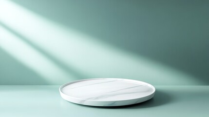 A pristine 3D render of a marble product display pedestal, illuminated by soft lighting that casts gentle shadows. The serene background features a gradient of soft blues and whites,