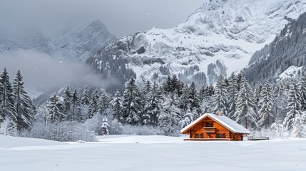 Fototapeta premium A cozy cabin with a snowy mountain backdrop in a winter wonderland