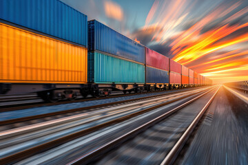 Obraz premium On the railway, trains carrying goods pass quickly