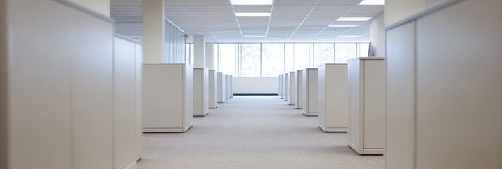 Fototapeta premium An empty office space is pictured with rows of cubicles and large windows letting in natural light, suggesting a modern workplace environment during non-working hours.